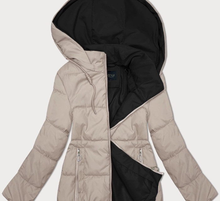 Svetlo béžová a čierna obojstranná dámska krátka bunda s kapucňou (16M2153-62)