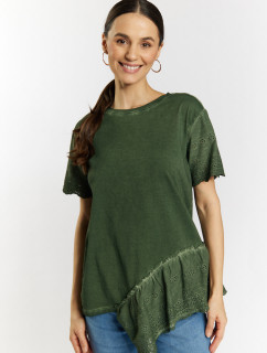 Monnari T-Shirts Cotton Ladies' T-Shirt With Openwork Frills Bottle Green